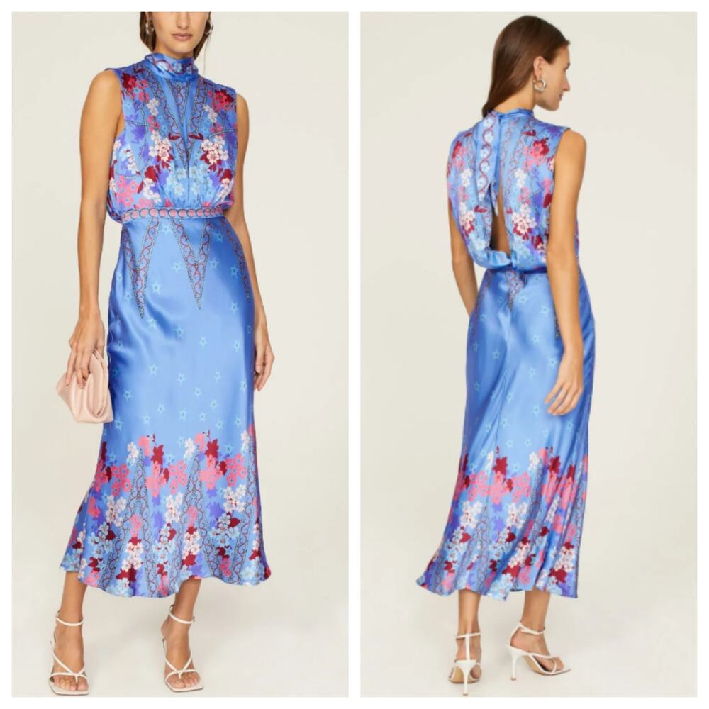 Saloni Blue Fleur Silk Tie-Back Mock Neck Gown